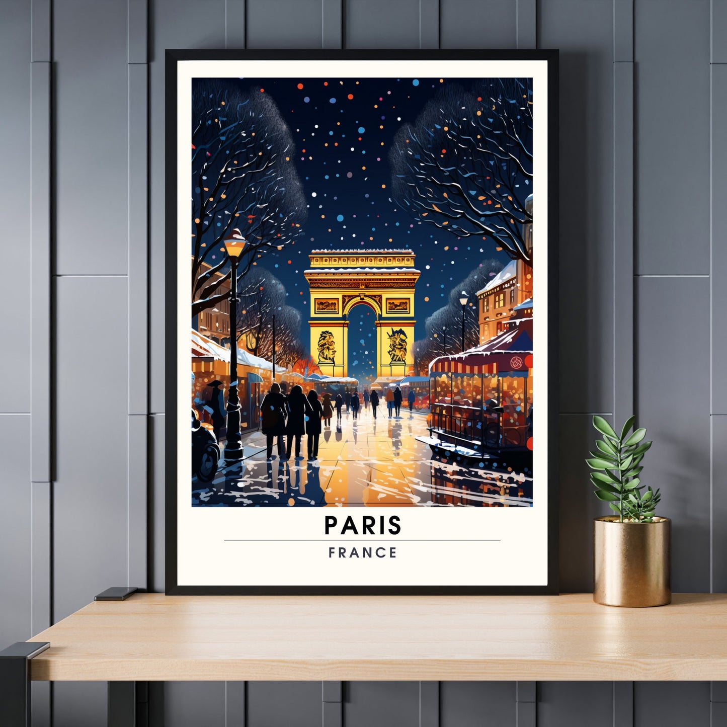 Affiche Paris Champs Elysées, | Affiche de voyage Paris Noël | Affiche Marché de Noël de Paris | tirage d'art Paris Champs Elysées, France