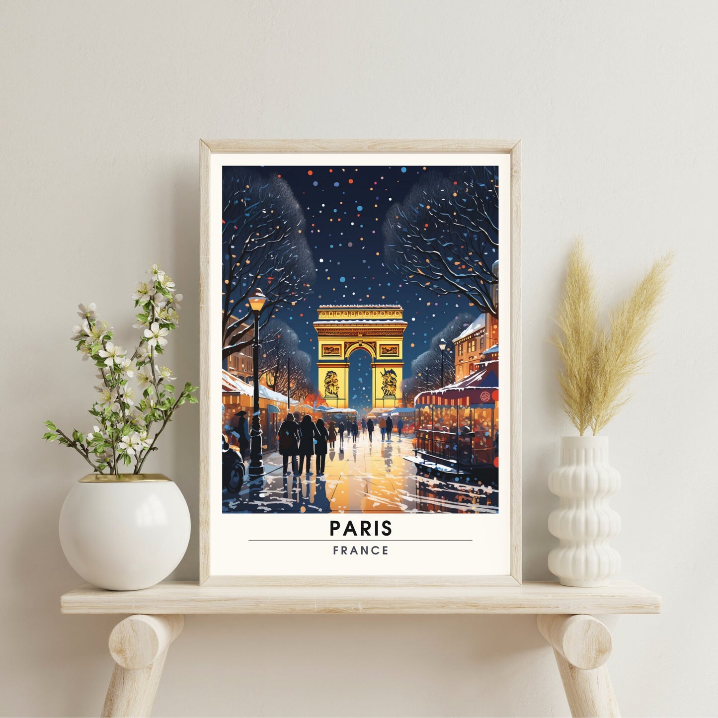 Affiche Paris Champs Elysées, | Affiche de voyage Paris Noël | Affiche Marché de Noël de Paris | tirage d'art Paris Champs Elysées, France