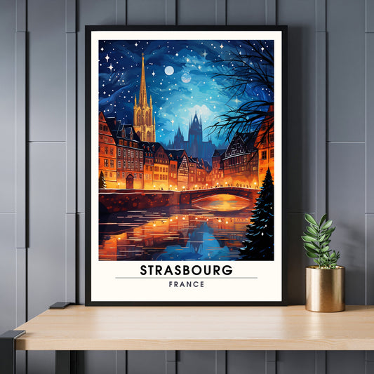 Affiche Strasbourg | Impression de voyage Strasbourg Noël | Affiche Marché de Noël de Strasbourg | tirage d'art Strasbourg, France