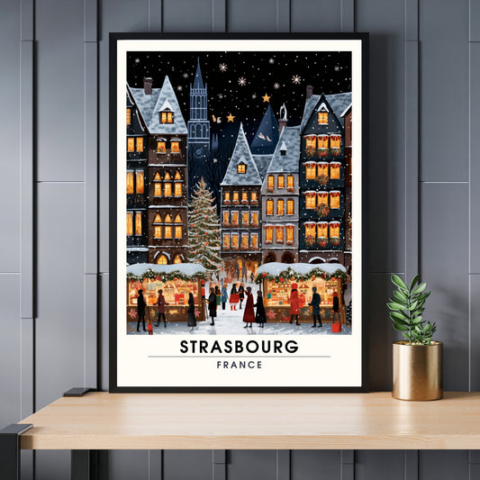 Affiche Strasbourg | Impression de voyage Strasbourg Noël | Affiche Marché de Noël de Strasbourg | tirage d'art France