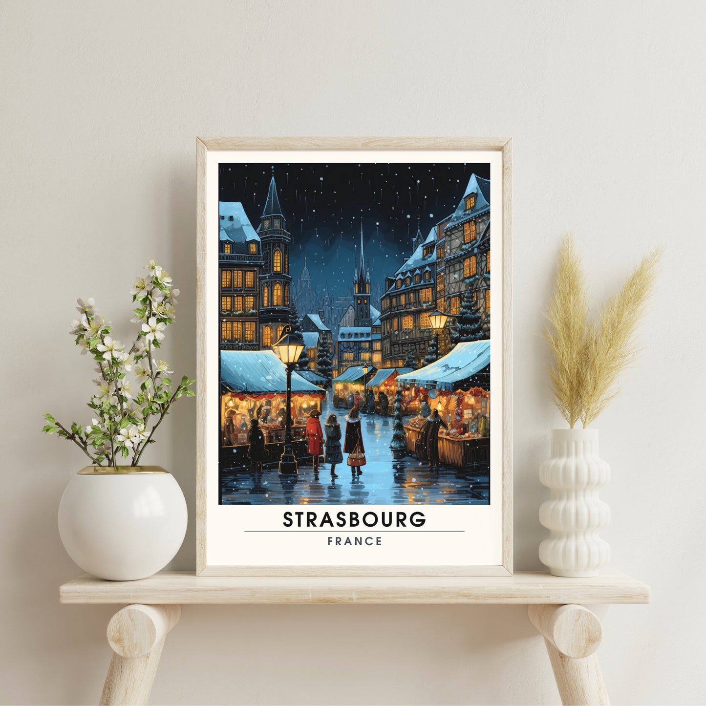 Affiche Strasbourg | Impression de voyage Strasbourg Noël | Affiche Marché de Noël de Strasbourg | Décoration de Noël