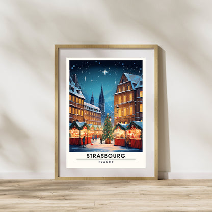 Affiche Strasbourg | Impression de voyage Strasbourg Noël | Affiche Marché de Noël de Strasbourg | Décoration de Noël Strasbourg