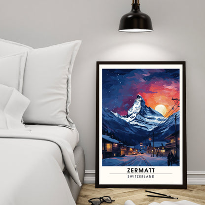 Affiche Zermatt, Suisse | impression Zermatt la nuit | Voyage nocturne Zermatt