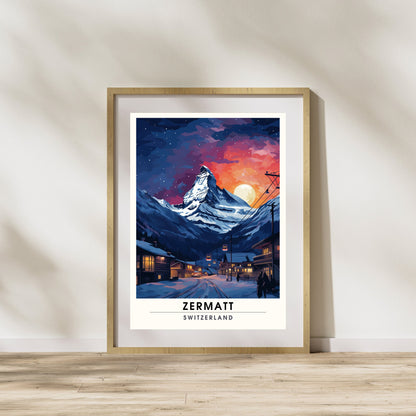 Affiche Zermatt, Suisse | impression Zermatt la nuit | Voyage nocturne Zermatt