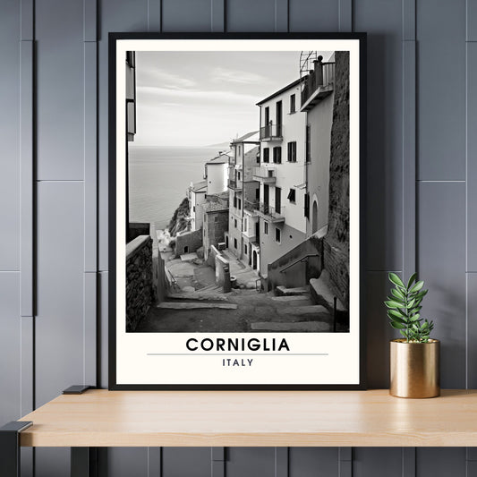 Affiche Corniglia, Italie | impression de voyage Corniglia | affiche Cinque Terre noir et blanc