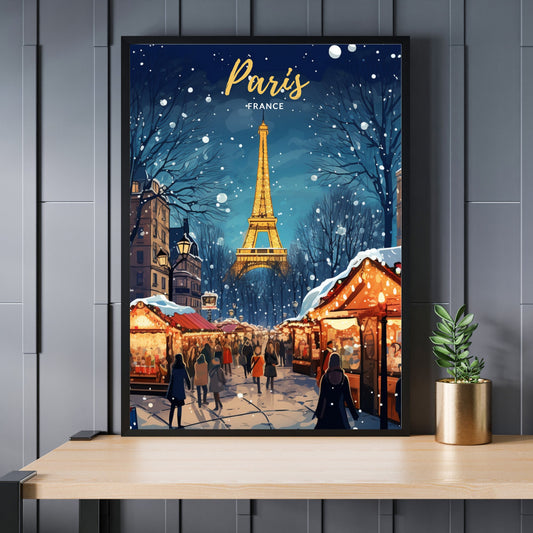 Affiche Paris | Affiche de voyage Paris Noël | Affiche Marché de Noël de Paris | tirage d'art Paris Tour Eiffel, France