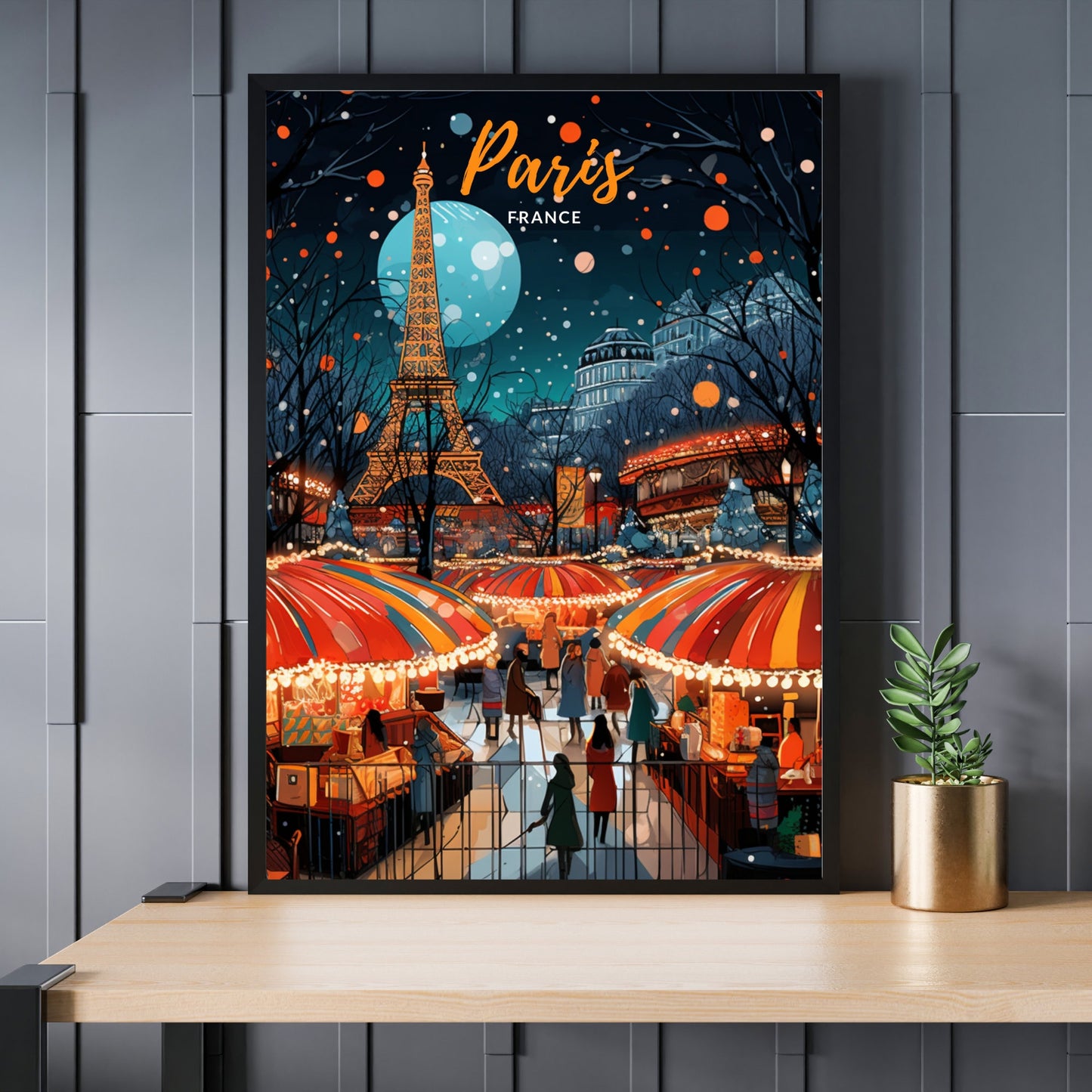 Affiche Tour Eiffel, France | Affiche de voyage Paris Noël | Affiche Marché de Noël de Paris | tirage d'art Paris