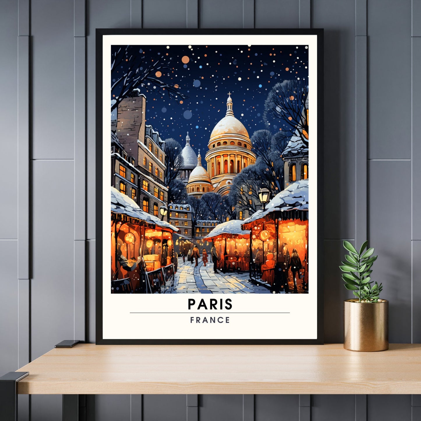 Affiche Paris Montmartre | Affiche de voyage Paris Noël | Affiche Marché de Noël de Paris | tirage d'art Montmartre