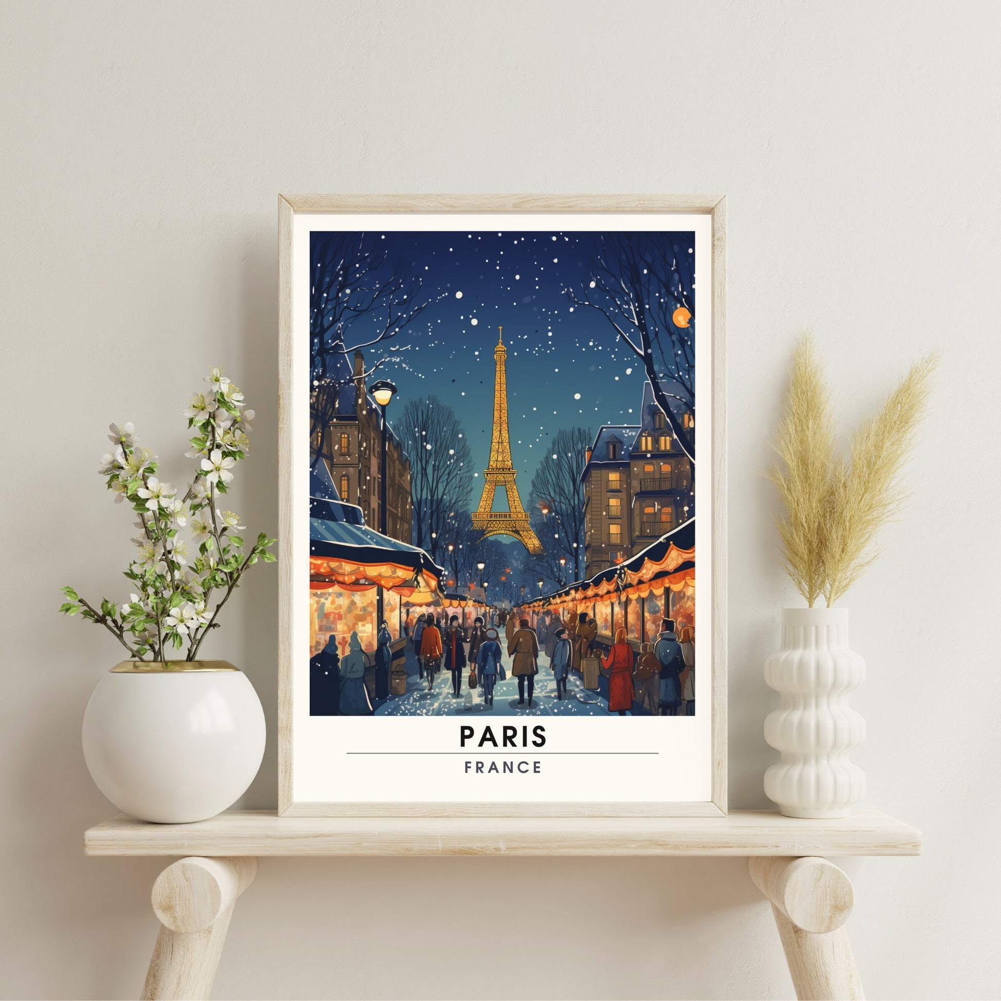 Impression Paris Tour Eiffel, France | Affiche de voyage Paris Noël | Affiche Marché de Noël de Paris | tirage d'art Paris