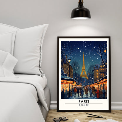 Impression Paris Tour Eiffel, France | Affiche de voyage Paris Noël | Affiche Marché de Noël de Paris | tirage d'art Paris