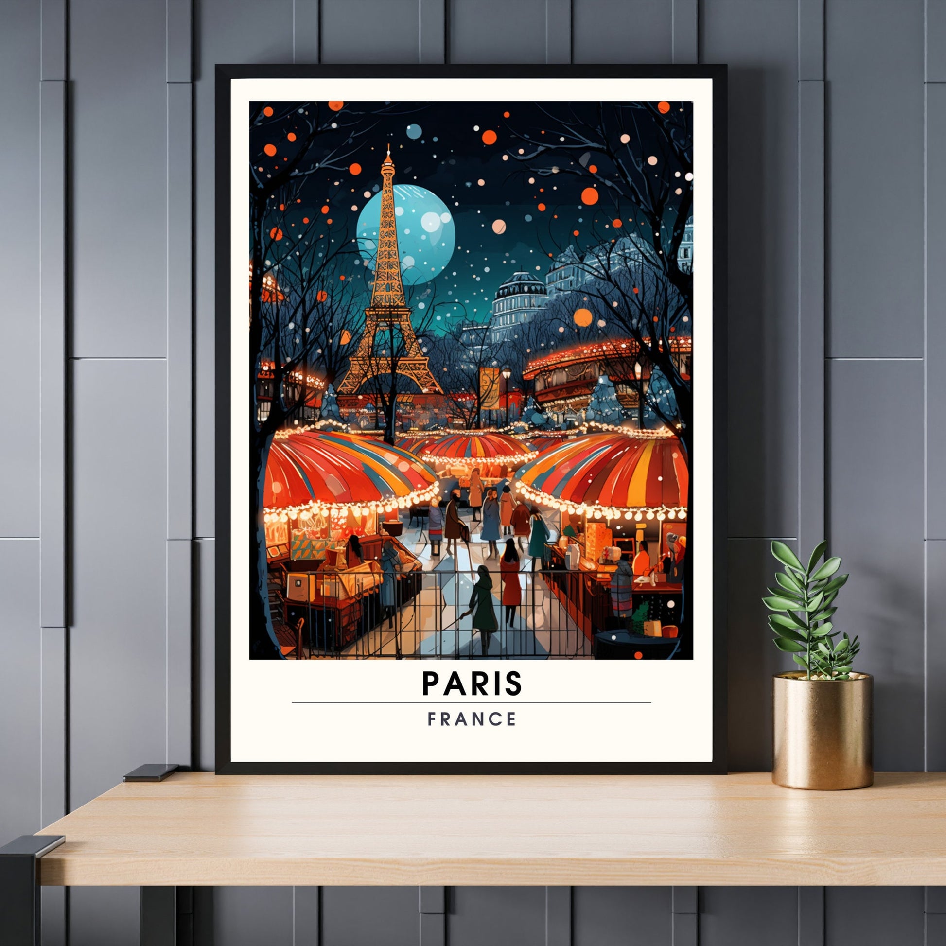 Affiche de voyage Paris Tour Eiffel, France | Affiche de voyage Paris Noël | Affiche Marché de Noël de Paris | tirage d'art Paris