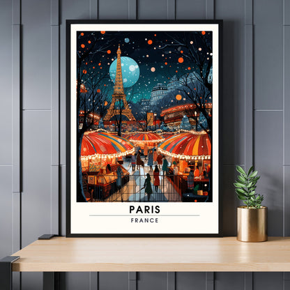 Affiche de voyage Paris Tour Eiffel, France | Affiche de voyage Paris Noël | Affiche Marché de Noël de Paris | tirage d'art Paris