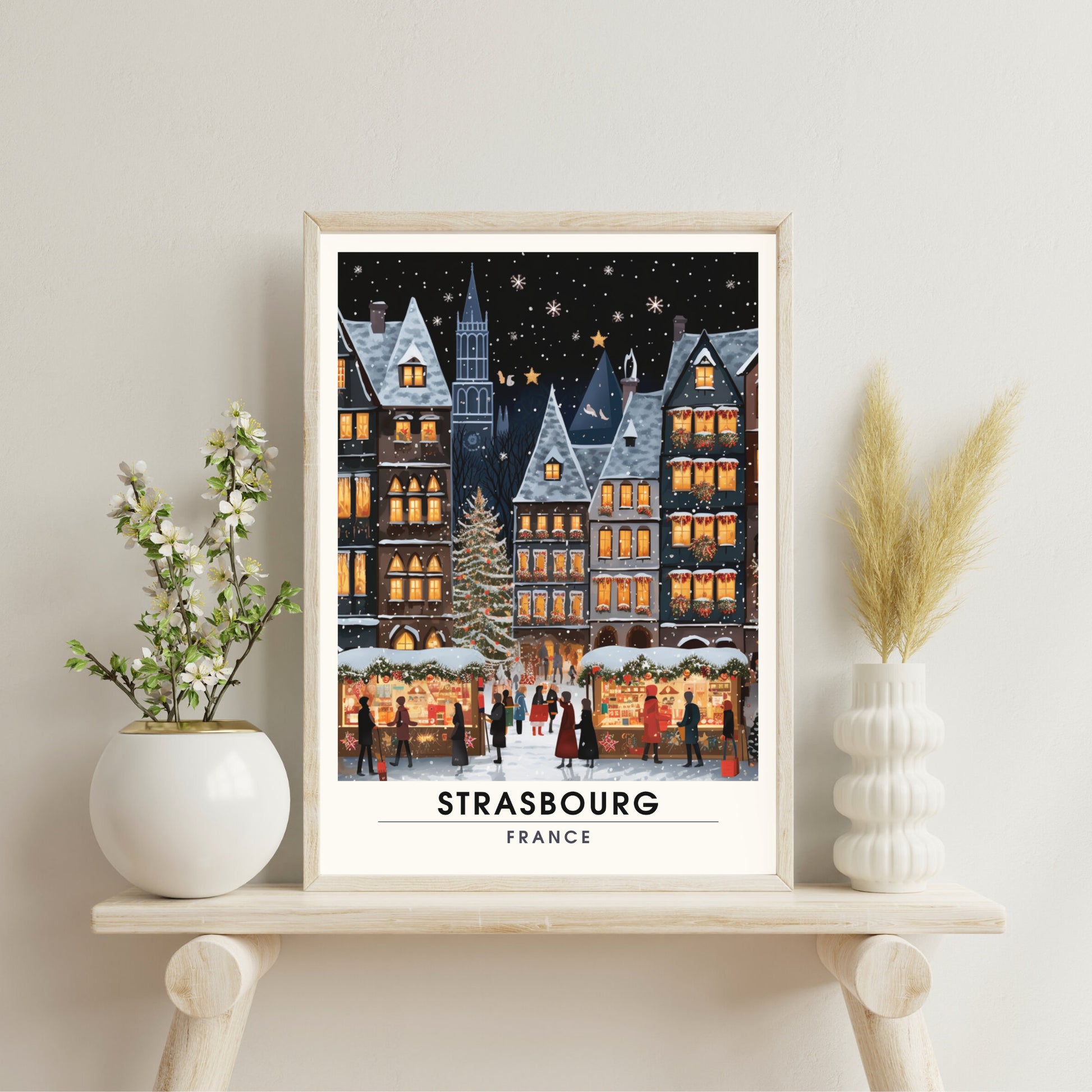 Affiche Strasbourg | Impression de voyage Strasbourg Noël | Affiche Marché de Noël de Strasbourg | tirage d'art France