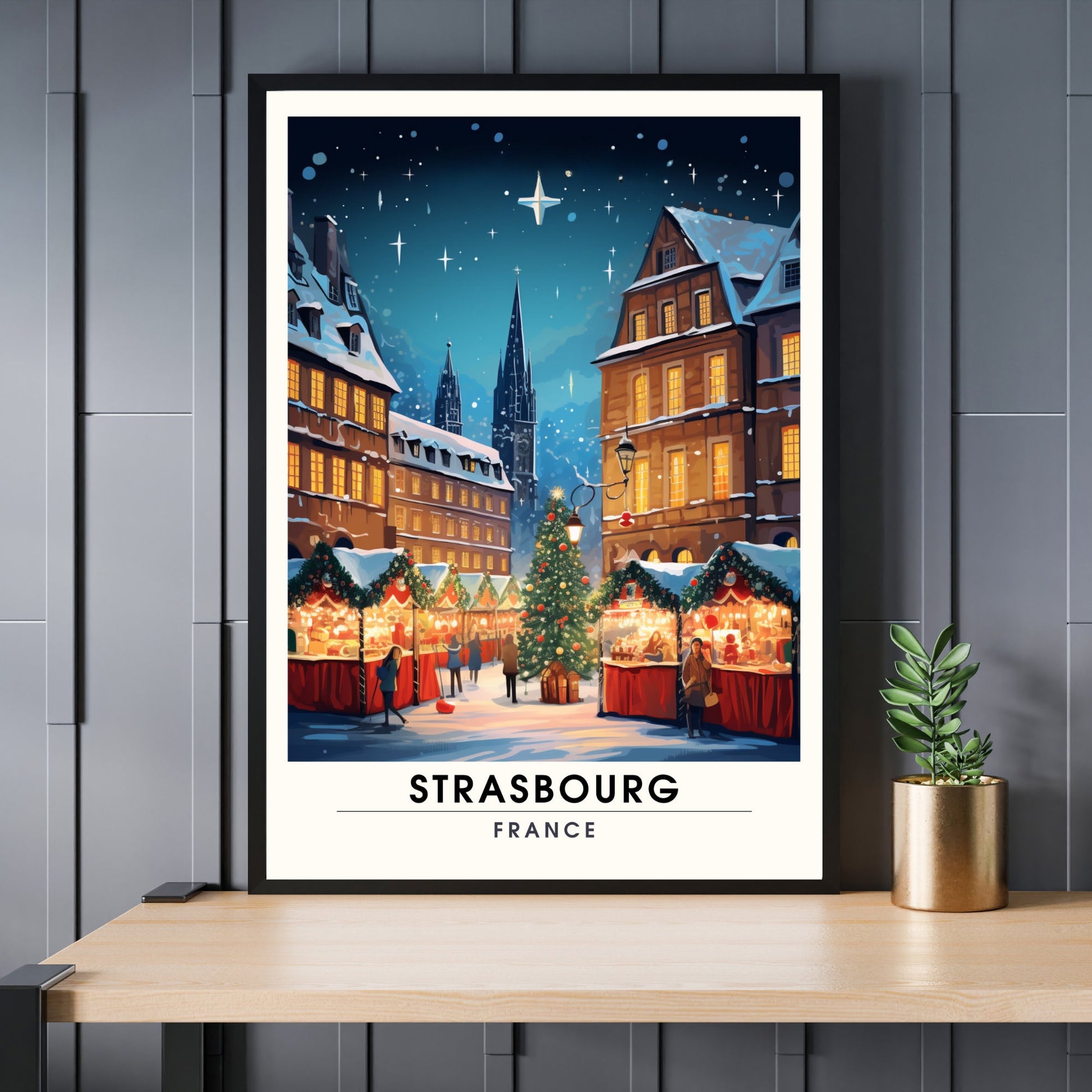 Affiche Strasbourg | Impression de voyage Strasbourg Noël | Affiche Marché de Noël de Strasbourg | Décoration de Noël Strasbourg