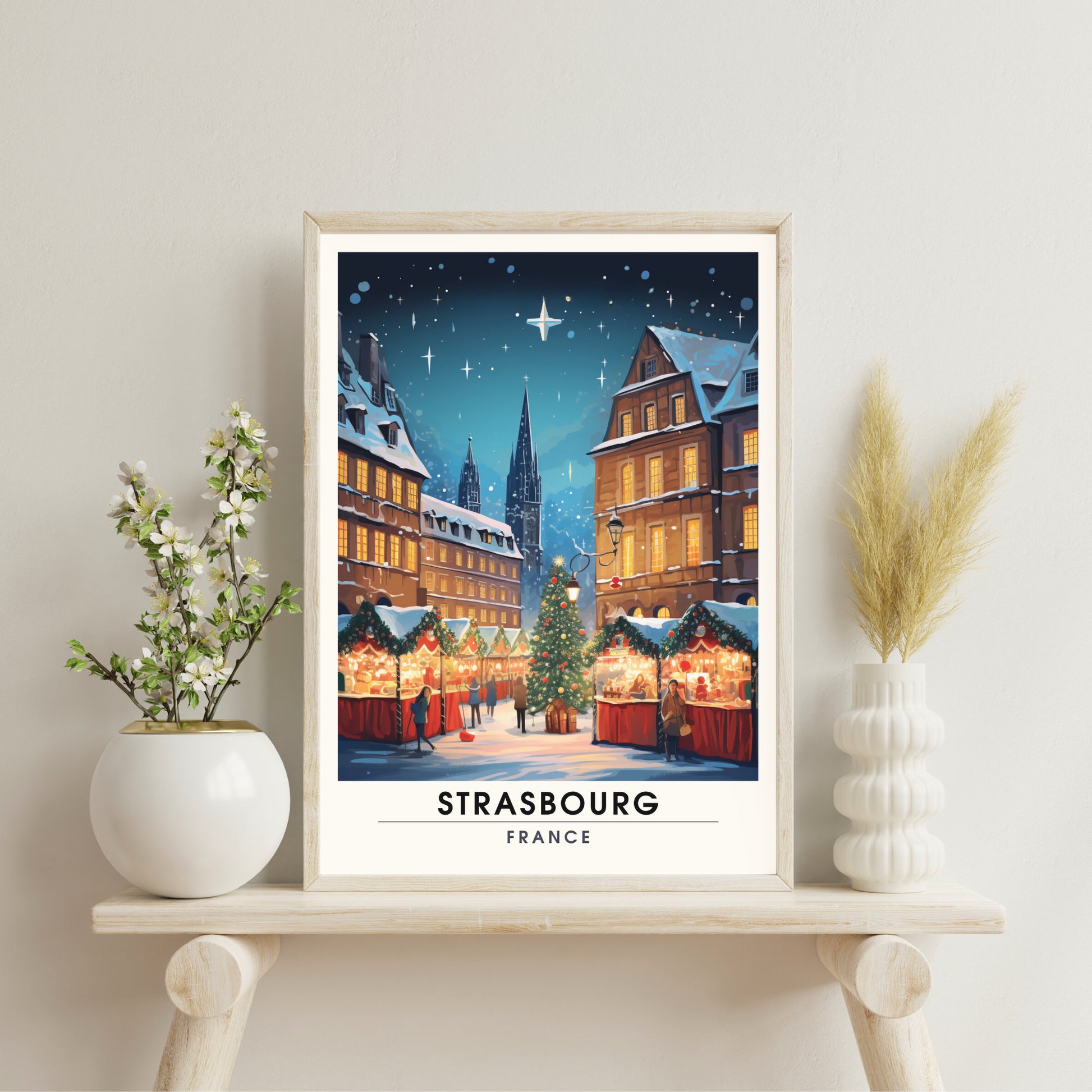 Affiche Strasbourg | Impression de voyage Strasbourg Noël | Affiche Marché de Noël de Strasbourg | Décoration de Noël Strasbourg