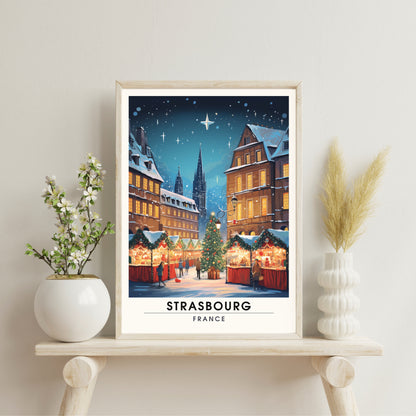 Affiche Strasbourg | Impression de voyage Strasbourg Noël | Affiche Marché de Noël de Strasbourg | Décoration de Noël Strasbourg