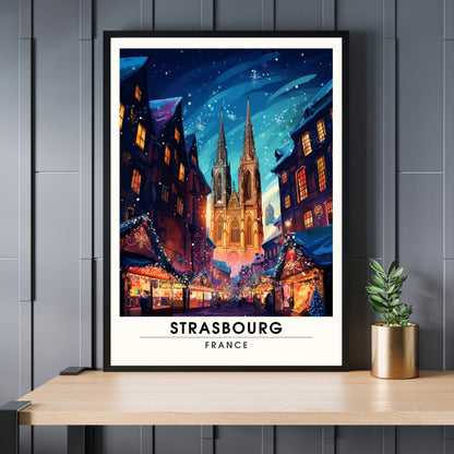 Affiche Strasbourg | Impression de voyage Strasbourg Noël | Affiche Marché de Noël de Strasbourg | Cathédrale de Strasbourg la nuit