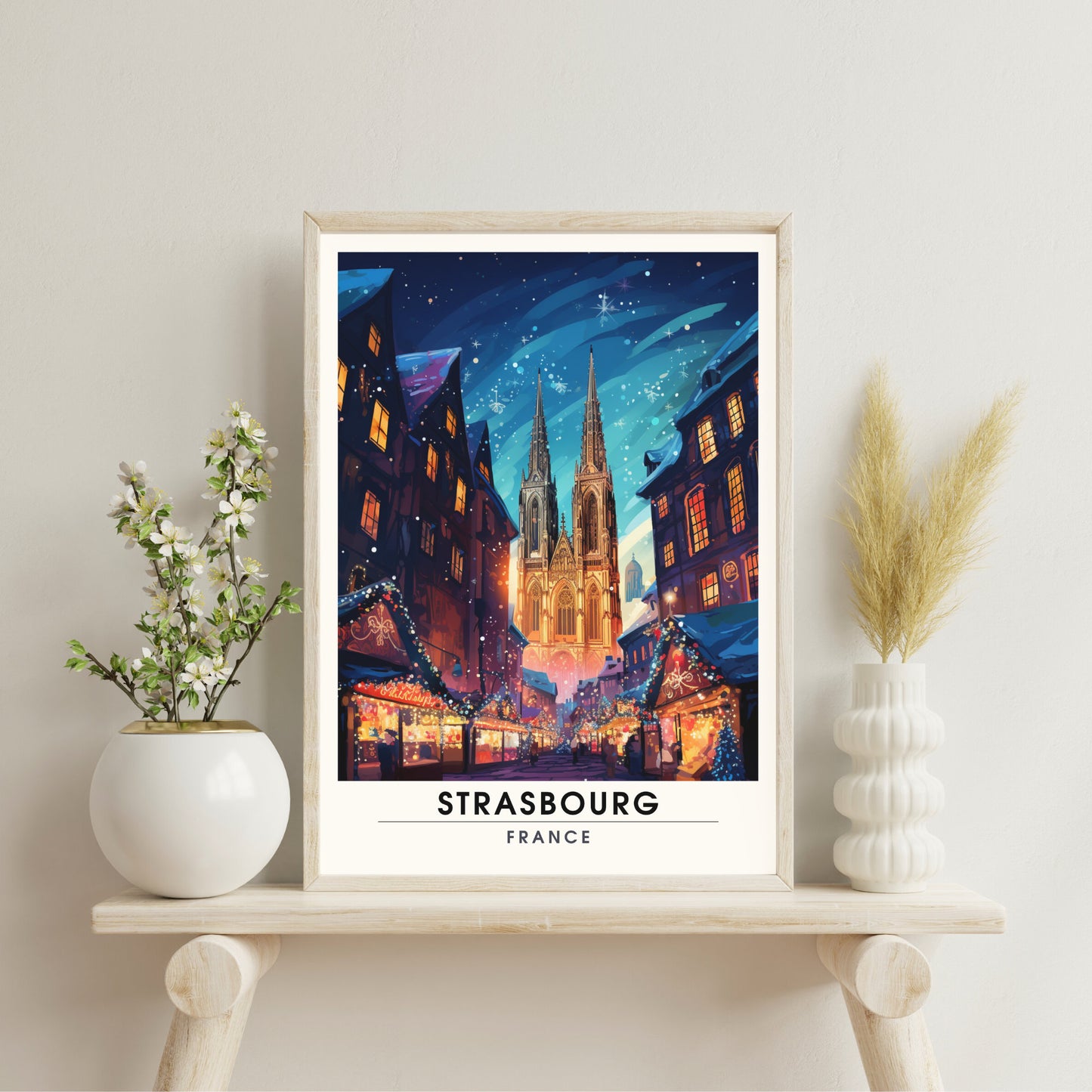 Affiche Strasbourg | Impression de voyage Strasbourg Noël | Affiche Marché de Noël de Strasbourg | Cathédrale de Strasbourg la nuit