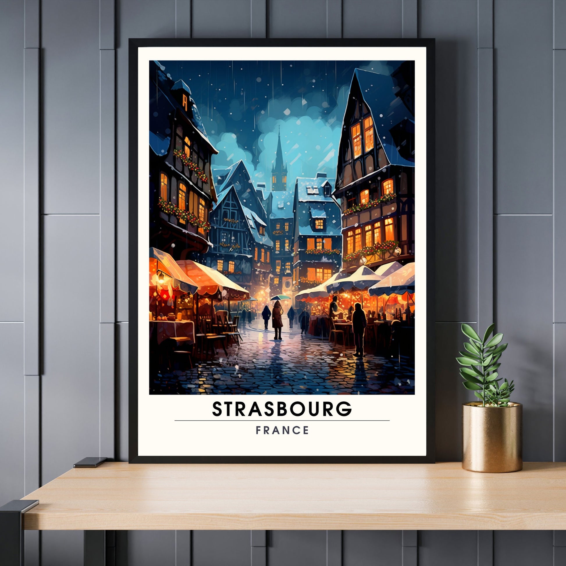 Affiche Strasbourg | Impression de voyage Strasbourg | Affiche Marché de Noël de Strasbourg | Cathédrale de Strasbourg la nuit