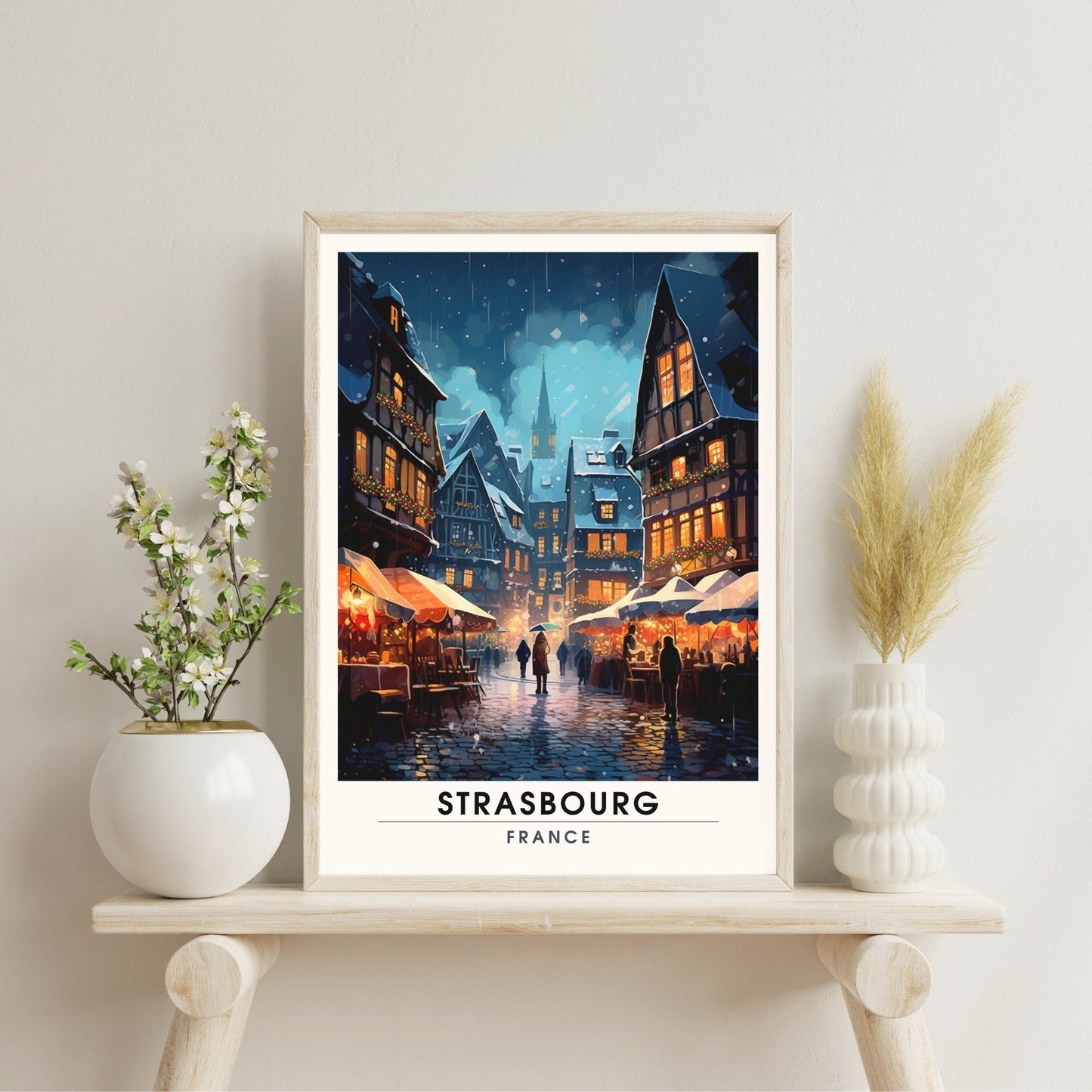 Affiche Strasbourg | Impression de voyage Strasbourg | Affiche Marché de Noël de Strasbourg | Cathédrale de Strasbourg la nuit