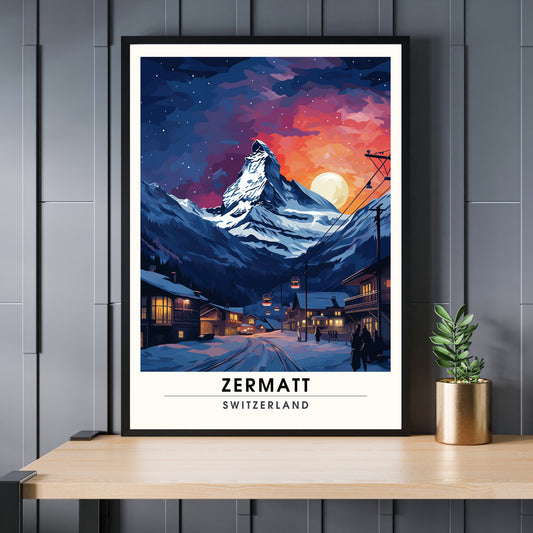 Affiche Zermatt, Suisse | impression Zermatt la nuit | Voyage nocturne Zermatt