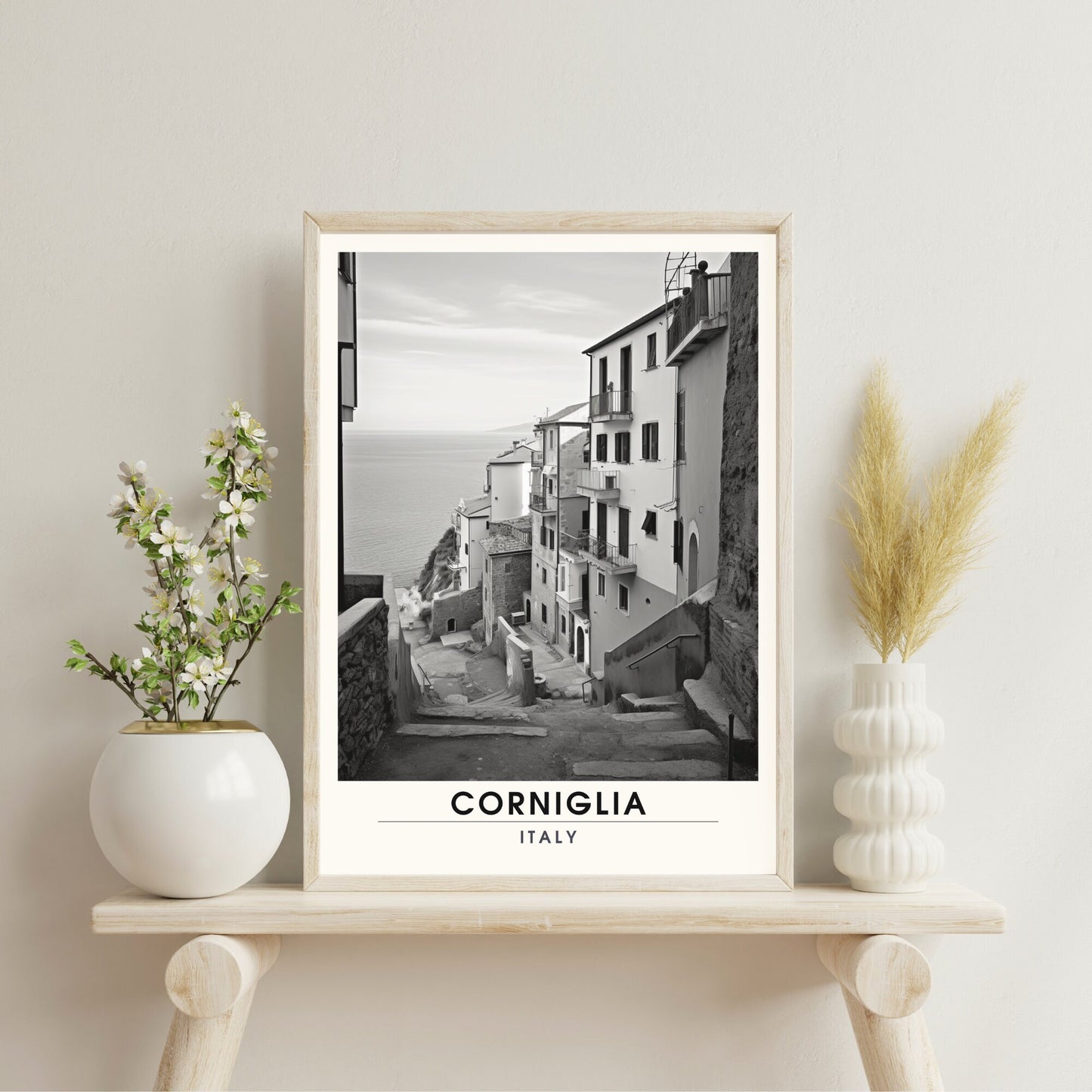 Affiche Corniglia, Italie | impression de voyage Corniglia | affiche Cinque Terre noir et blanc