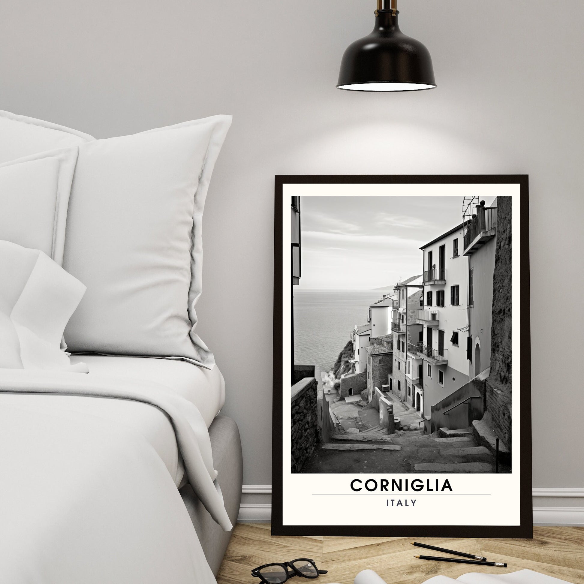 Affiche Corniglia, Italie | impression de voyage Corniglia | affiche Cinque Terre noir et blanc